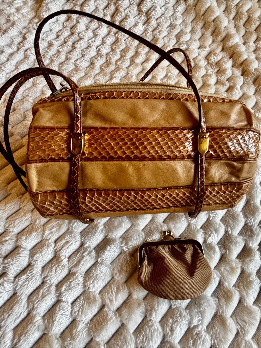 Judith Leiber Vintage Snakeskin Leather Barrel shoulder Bag + Coin Purse